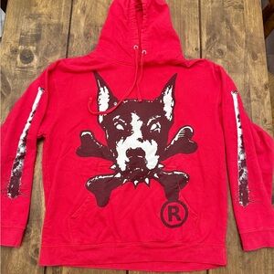 Dog Years Red Hoodie with Dog and Crossbones Graphic